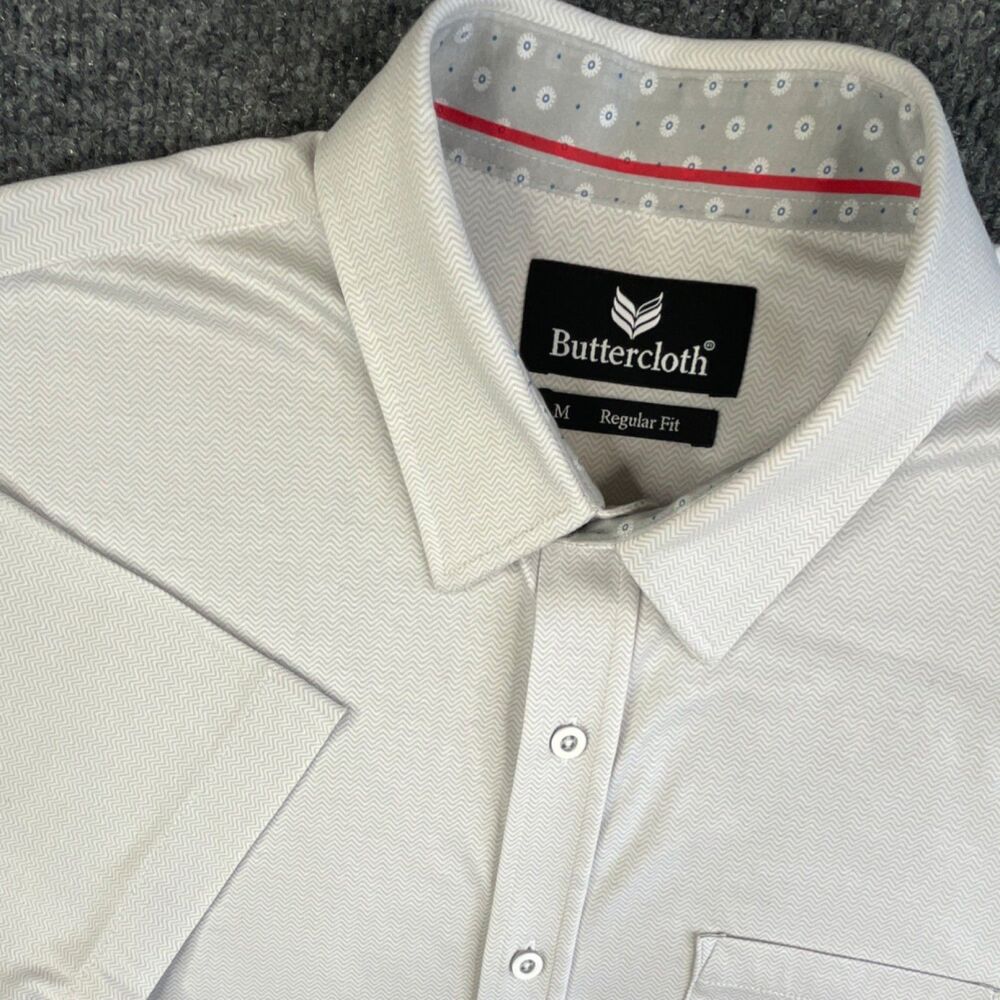 Buttercloth White Gray Herringbone 100% Cotton Knit Button-Up Shirt Men M SS